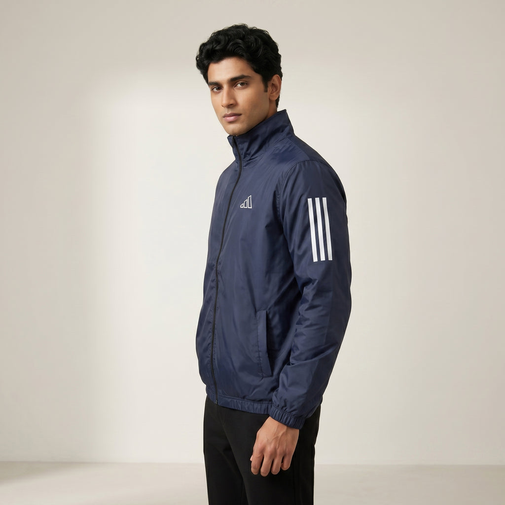 Adi Classic 3-Stripe Navy Blue Windbreaker Jacket – Lightweight Full-Zip Sports Jacket