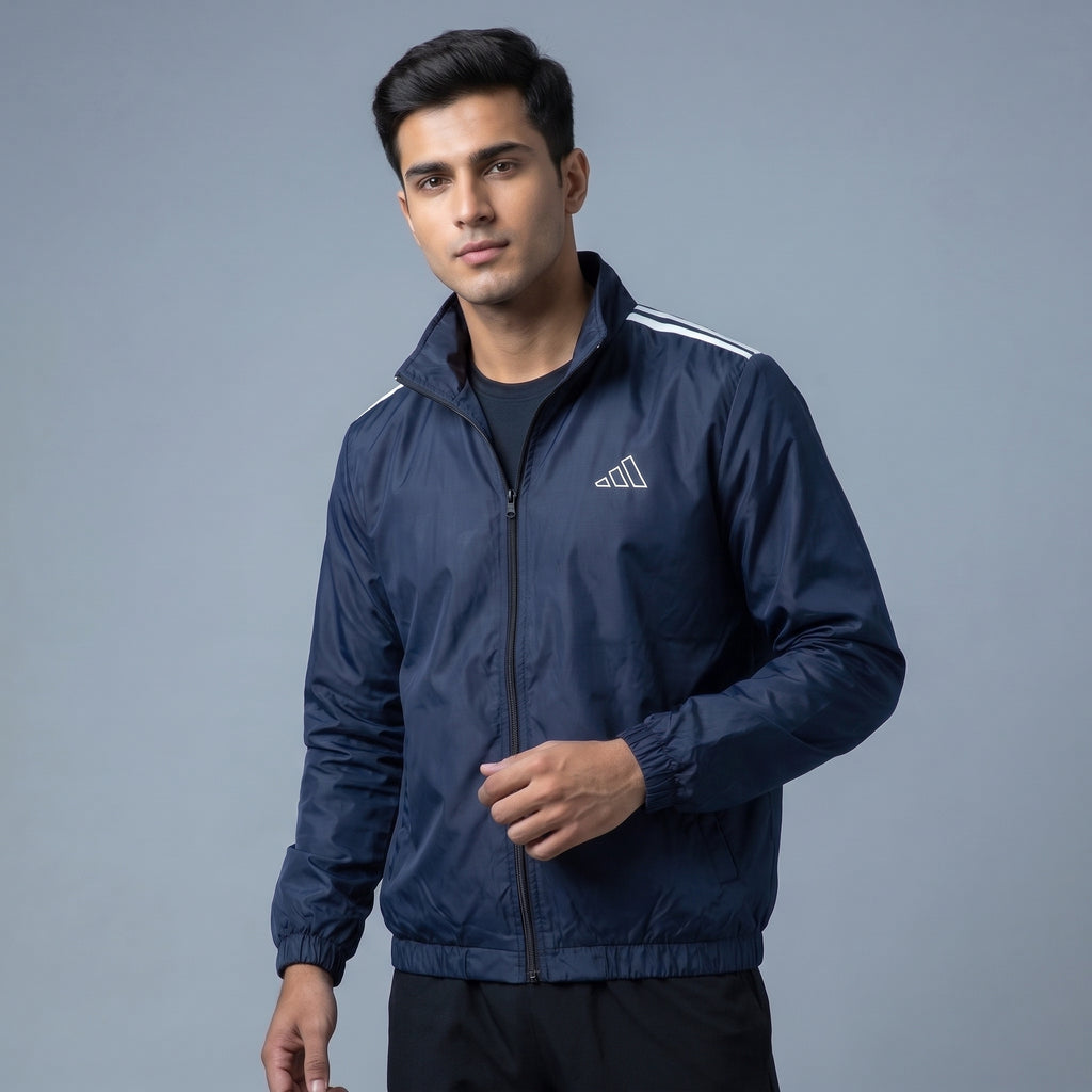 Adi Shoulder 3-Stripe Navy Blue Windbreaker Jacket – Lightweight Full-Zip Sports Jacket