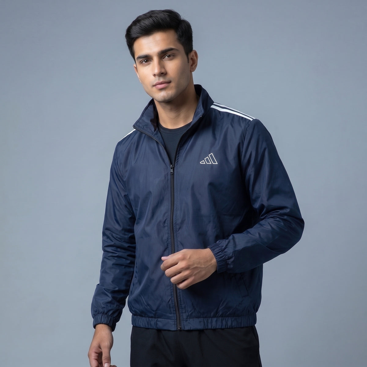 Adi Shoulder 3-Stripe Navy Blue Windbreaker Jacket – Lightweight Full-Zip Sports Jacket