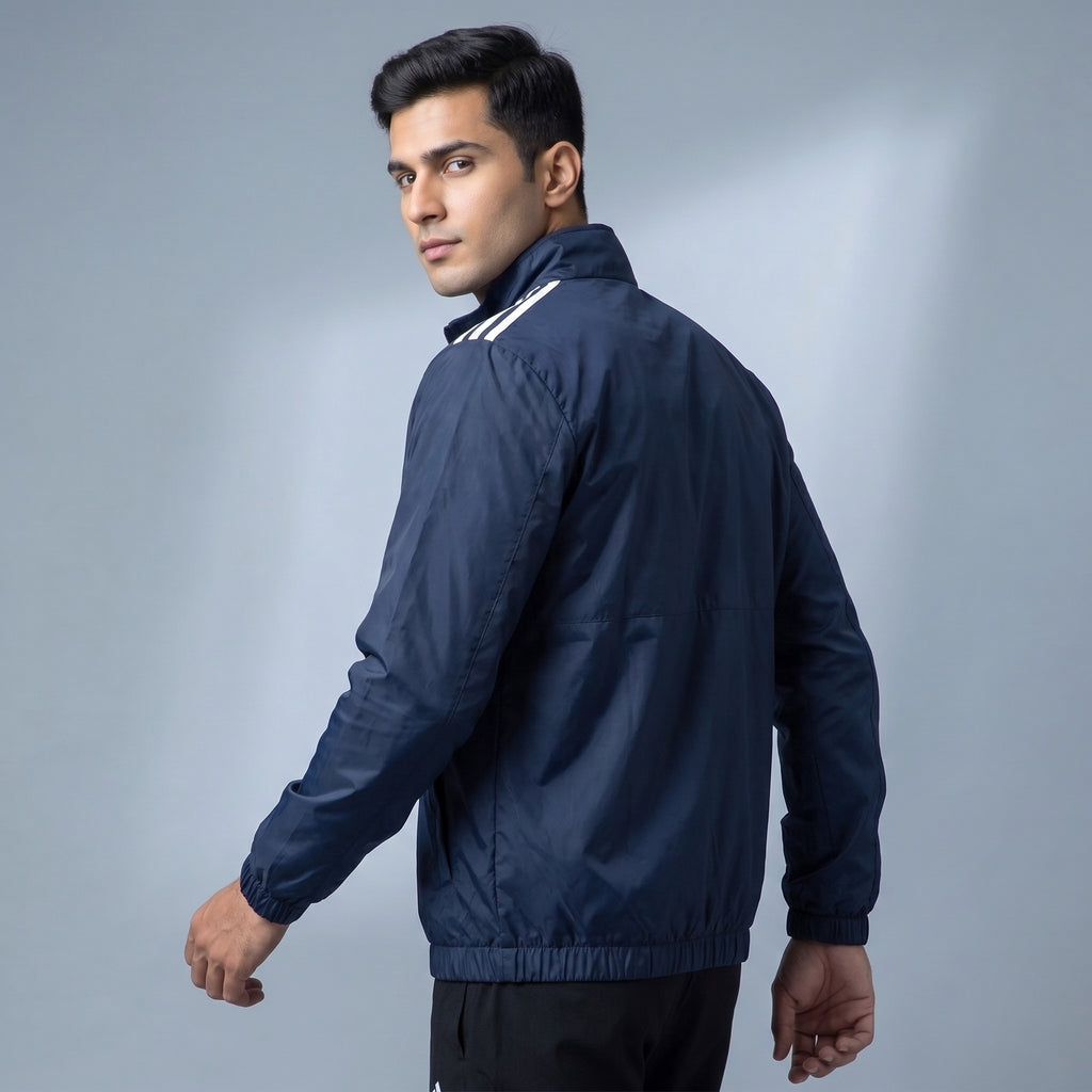 Adi Shoulder 3-Stripe Navy Blue Windbreaker Jacket – Lightweight Full-Zip Sports Jacket