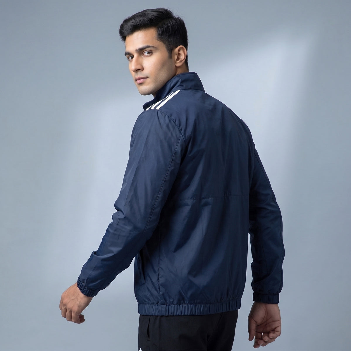 Adi Shoulder 3-Stripe Navy Blue Windbreaker Jacket – Lightweight Full-Zip Sports Jacket