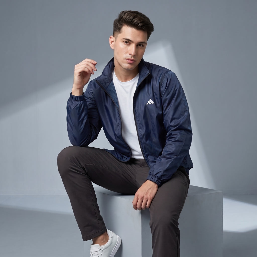 Adi Minimal Back-Stripe Navy Blue Windbreaker Jacket – Lightweight Full-Zip Sports Jacket