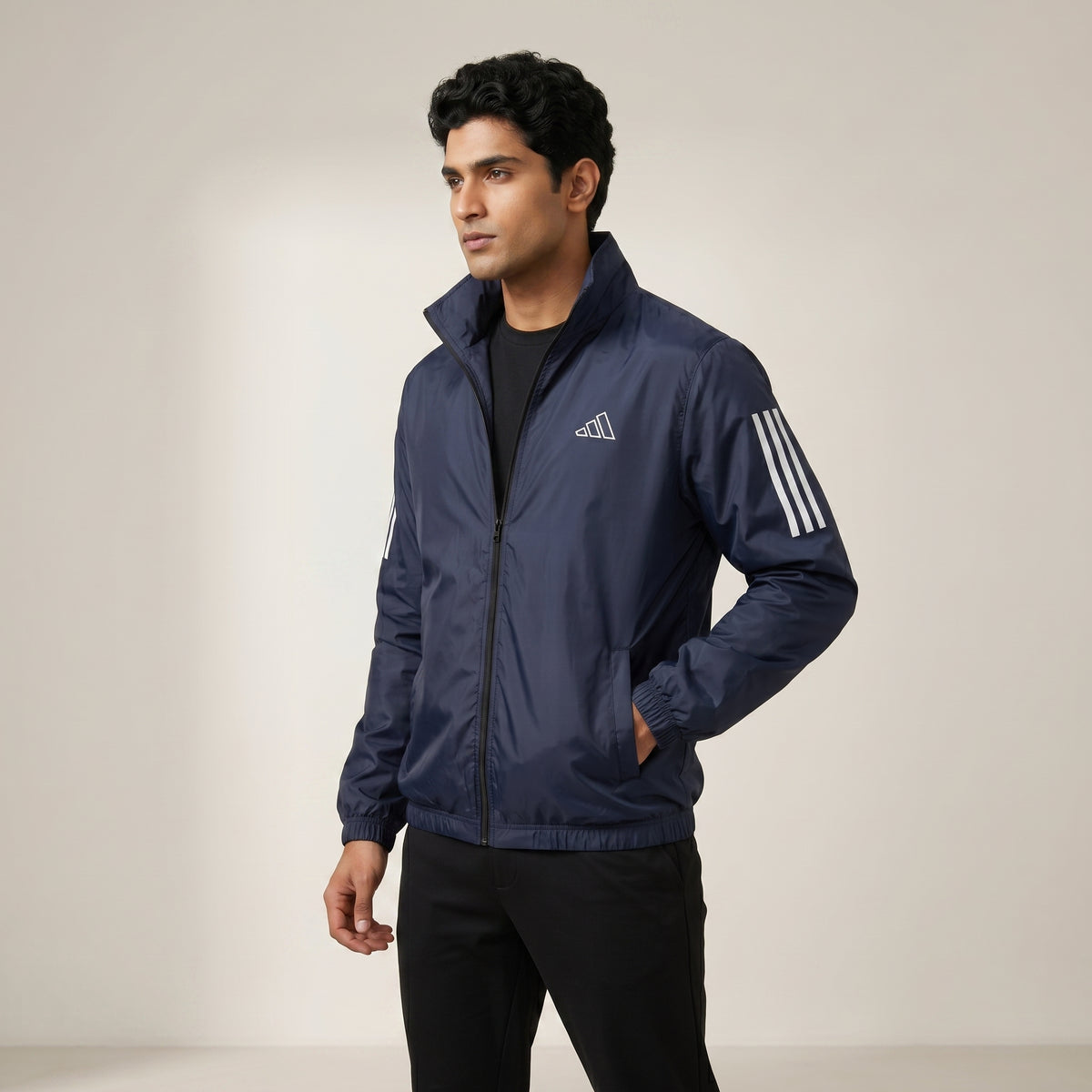Adi Classic 3-Stripe Navy Blue Windbreaker Jacket – Lightweight Full-Zip Sports Jacket