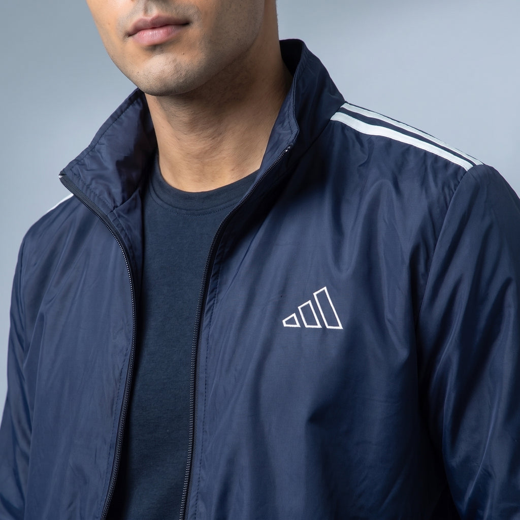 Adi Shoulder 3-Stripe Navy Blue Windbreaker Jacket – Lightweight Full-Zip Sports Jacket