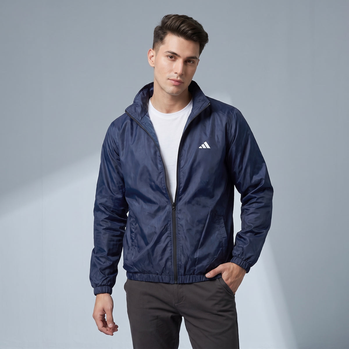 Adi Minimal Back-Stripe Navy Blue Windbreaker Jacket – Lightweight Full-Zip Sports Jacket