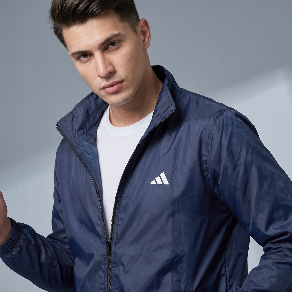 Adi Minimal Back-Stripe Navy Blue Windbreaker Jacket – Lightweight Full-Zip Sports Jacket