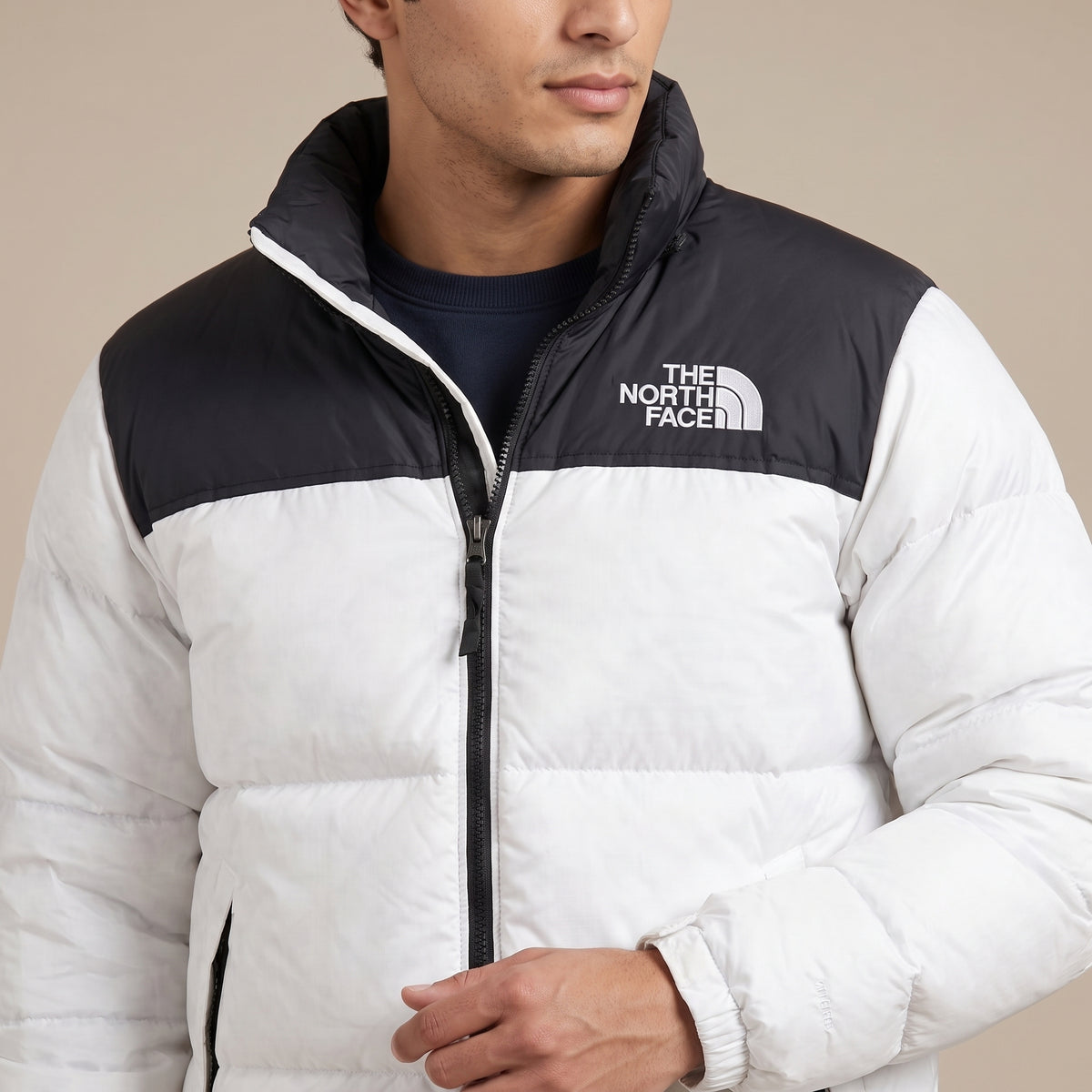 NF White & Black Puffer Jacket – Colorblock Quilted Winter Jacket