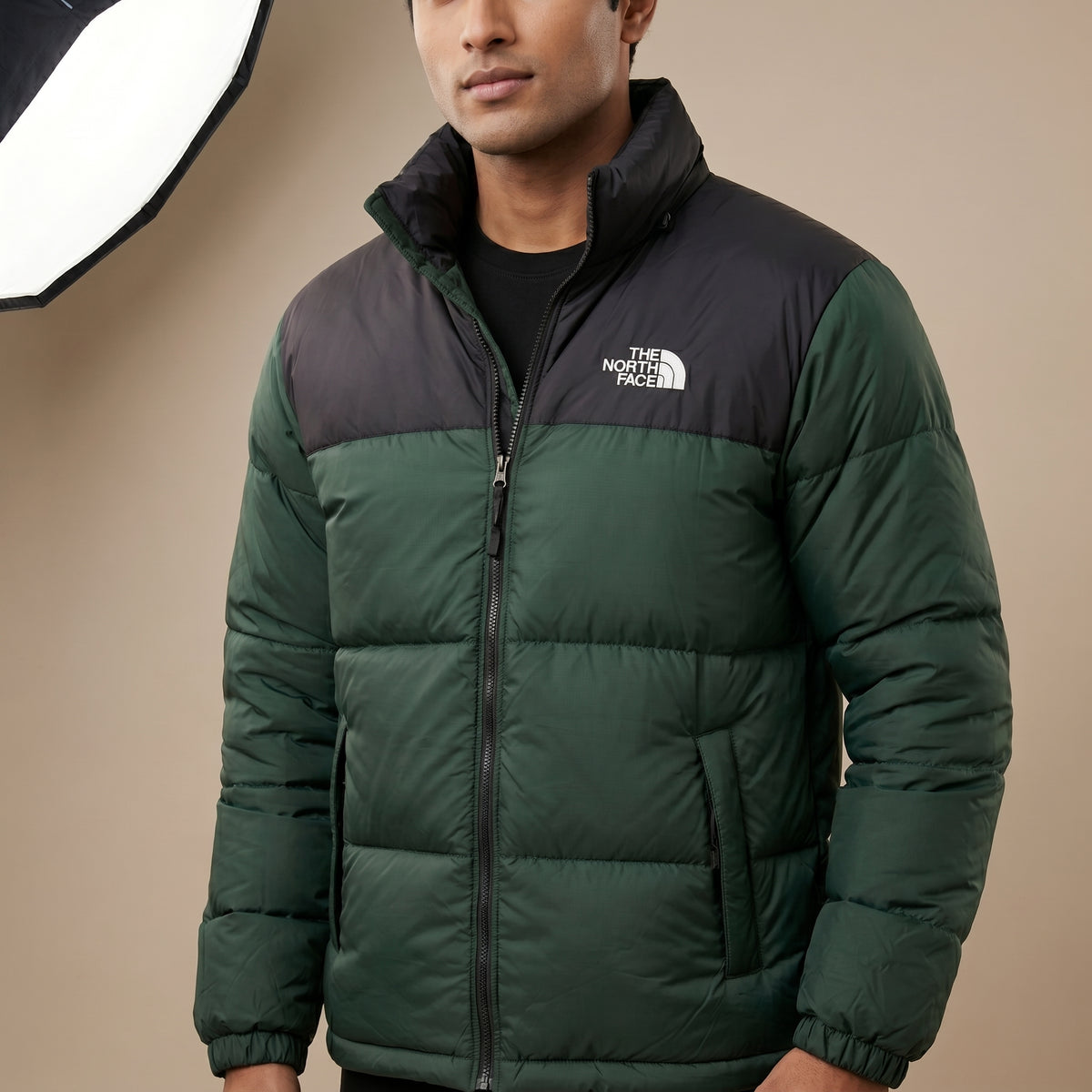 NF Black & Green Puffer Jacket – Quilted Full-Zip Winter Jacket
