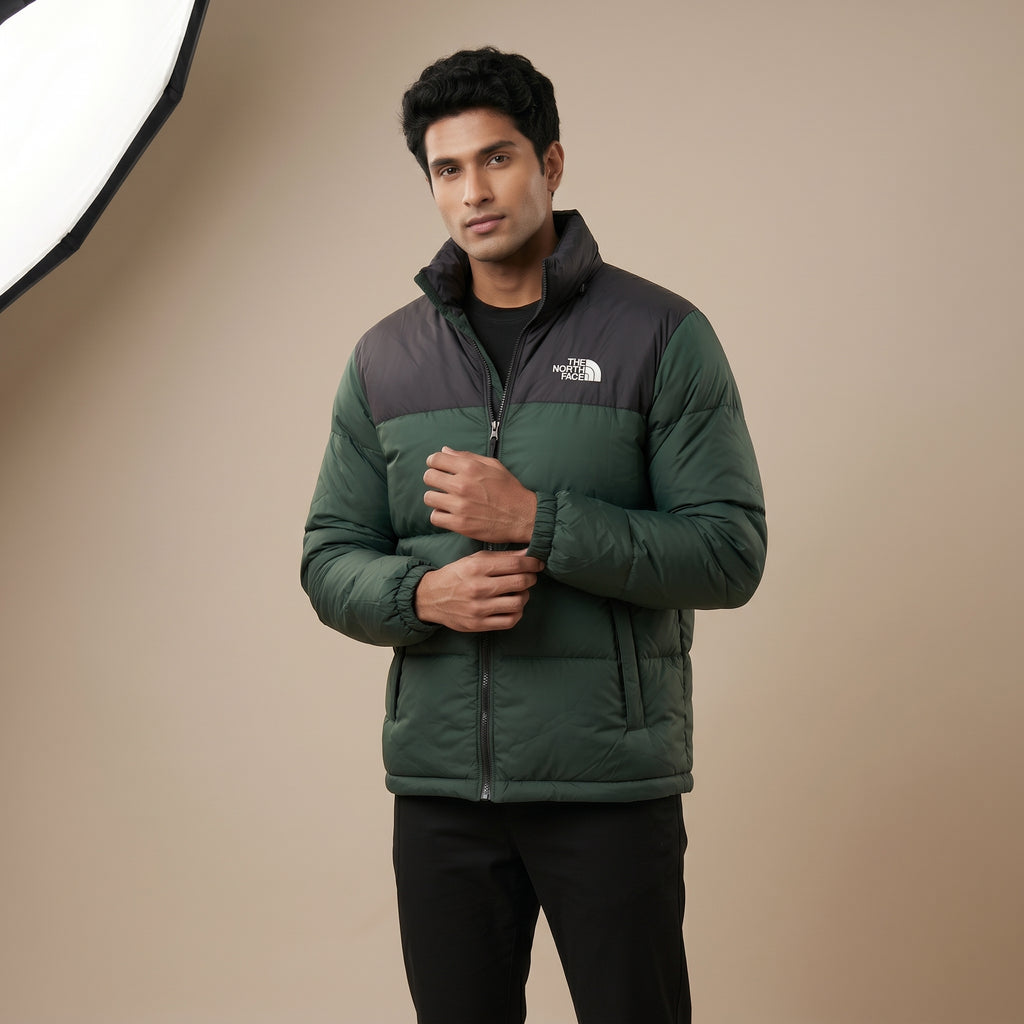 NF Black & Green Puffer Jacket – Quilted Full-Zip Winter Jacket