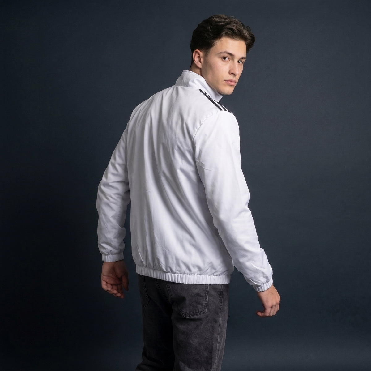 Adi Shoulder 3-Stripe White Windbreaker Jacket – Lightweight Full-Zip Sports Jacket