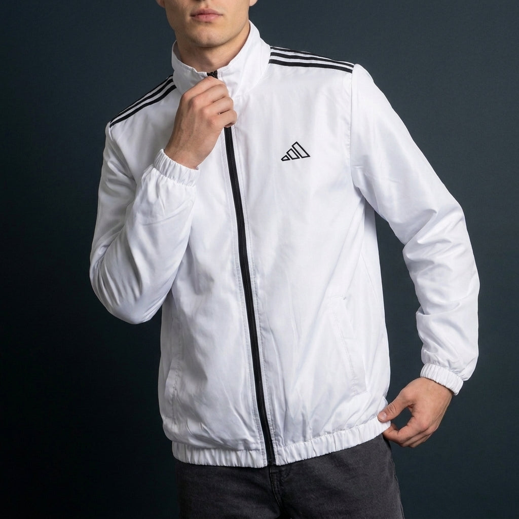 Adi Shoulder 3-Stripe White Windbreaker Jacket – Lightweight Full-Zip Sports Jacket
