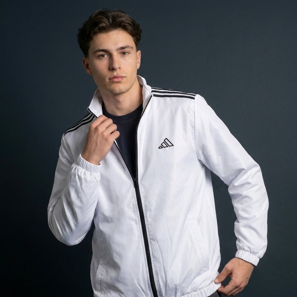 Adi Shoulder 3-Stripe White Windbreaker Jacket – Lightweight Full-Zip Sports Jacket