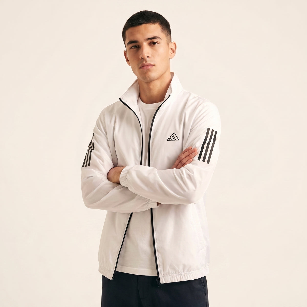 Adi Classic 3-Stripe White Windbreaker Jacket – Lightweight Full-Zip Sports Jacket