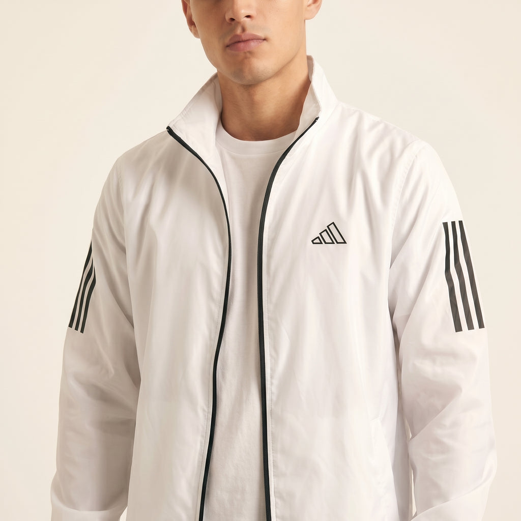 Adi Classic 3-Stripe White Windbreaker Jacket – Lightweight Full-Zip Sports Jacket
