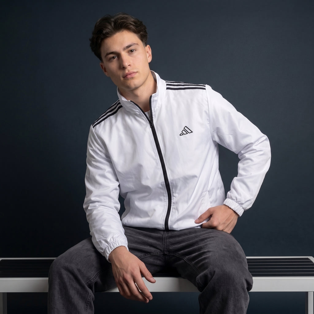 Adi Shoulder 3-Stripe White Windbreaker Jacket – Lightweight Full-Zip Sports Jacket