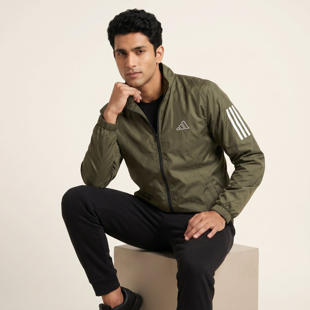 Adi Classic 3-Stripe Olive Green Windbreaker Jacket – Lightweight Full-Zip Sports Jacket
