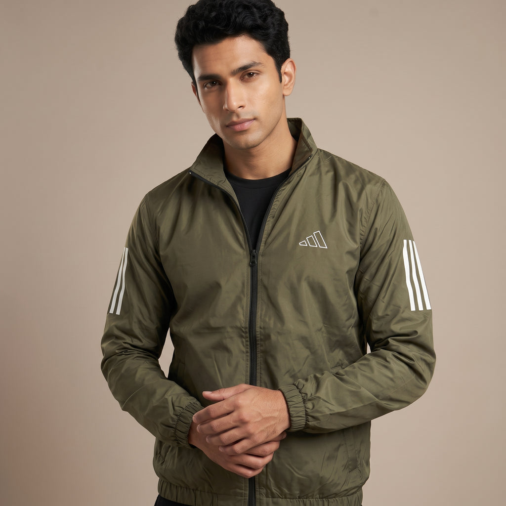 Adi Classic 3-Stripe Olive Green Windbreaker Jacket – Lightweight Full-Zip Sports Jacket