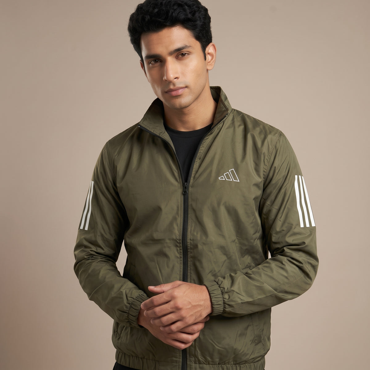 Adi Classic 3-Stripe Olive Green Windbreaker Jacket – Lightweight Full-Zip Sports Jacket