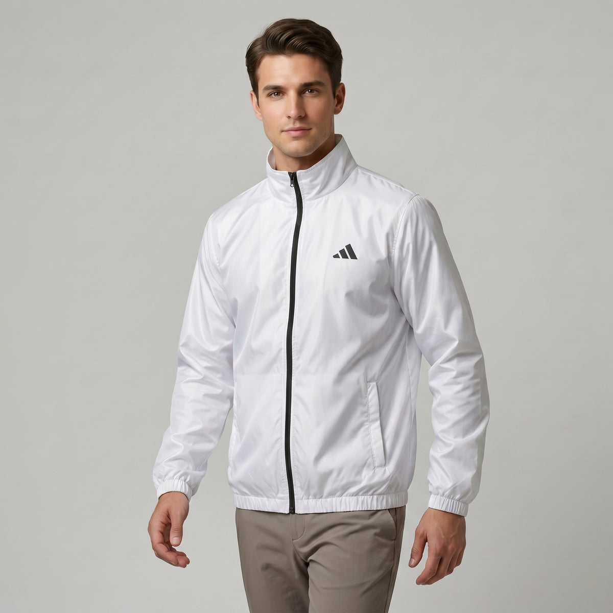 Adi Minimal Back-Stripe White Lightweight Windbreaker Jacket – Full-Zip Sports Jacket