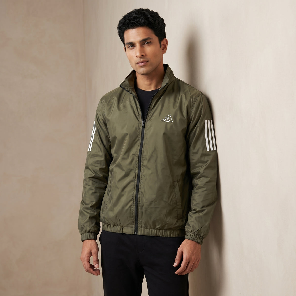 Adi Classic 3-Stripe Olive Green Windbreaker Jacket – Lightweight Full-Zip Sports Jacket