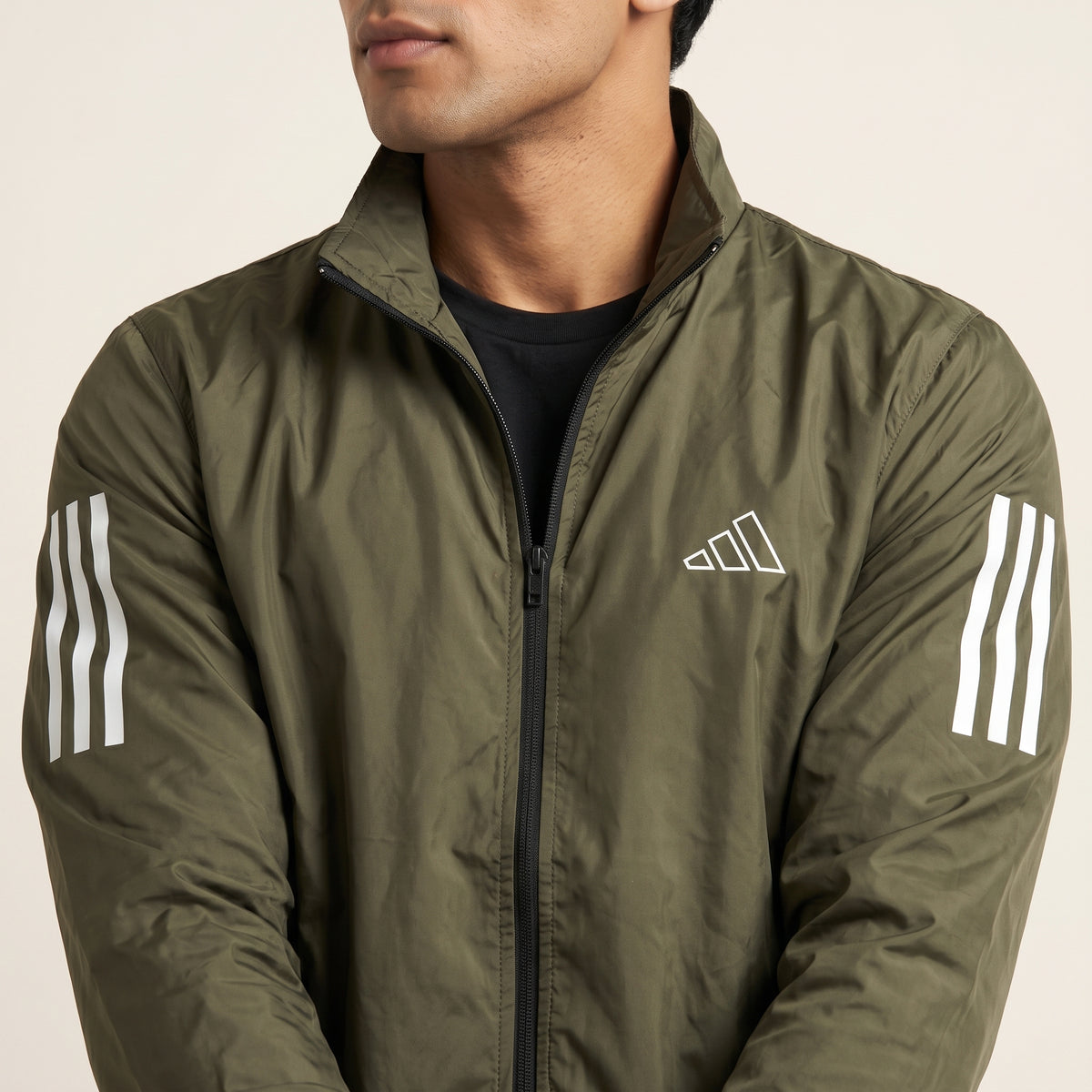 Adi Classic 3-Stripe Olive Green Windbreaker Jacket – Lightweight Full-Zip Sports Jacket