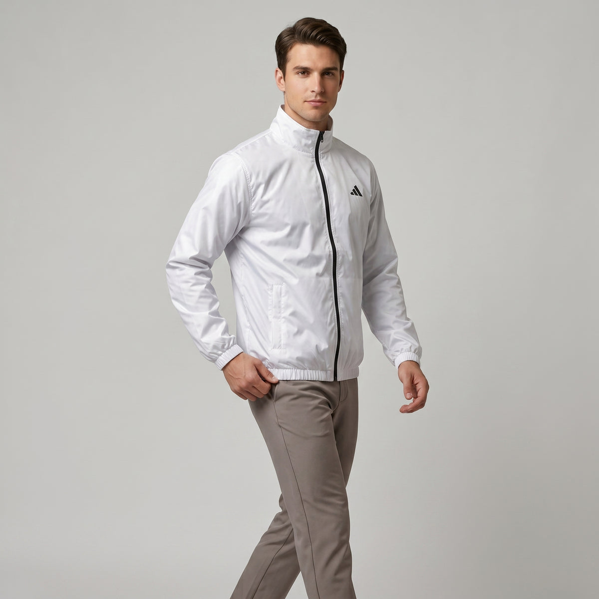 Adi Minimal Back-Stripe White Lightweight Windbreaker Jacket – Full-Zip Sports Jacket