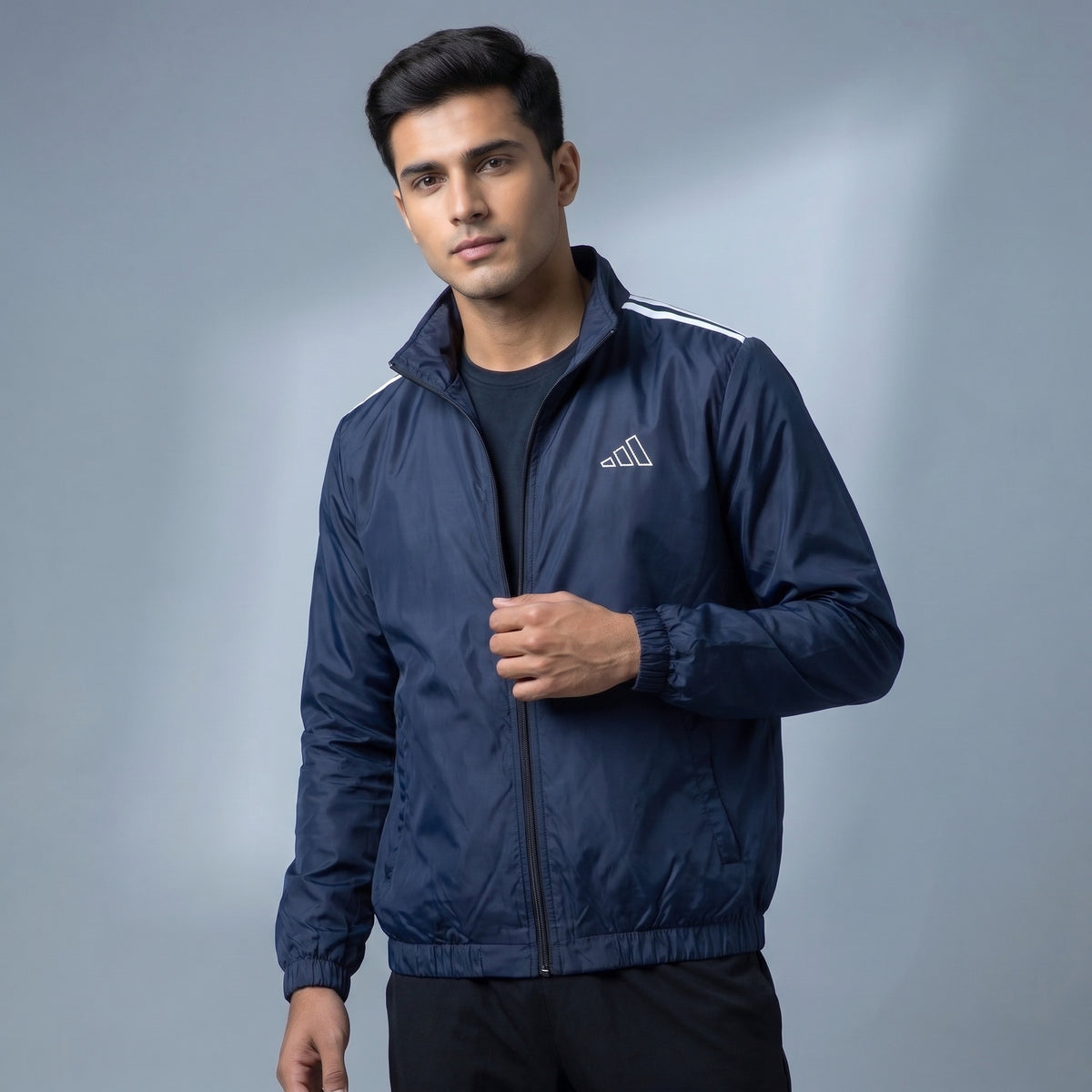 Adi Shoulder 3-Stripe Navy Blue Windbreaker Jacket – Lightweight Full-Zip Sports Jacket