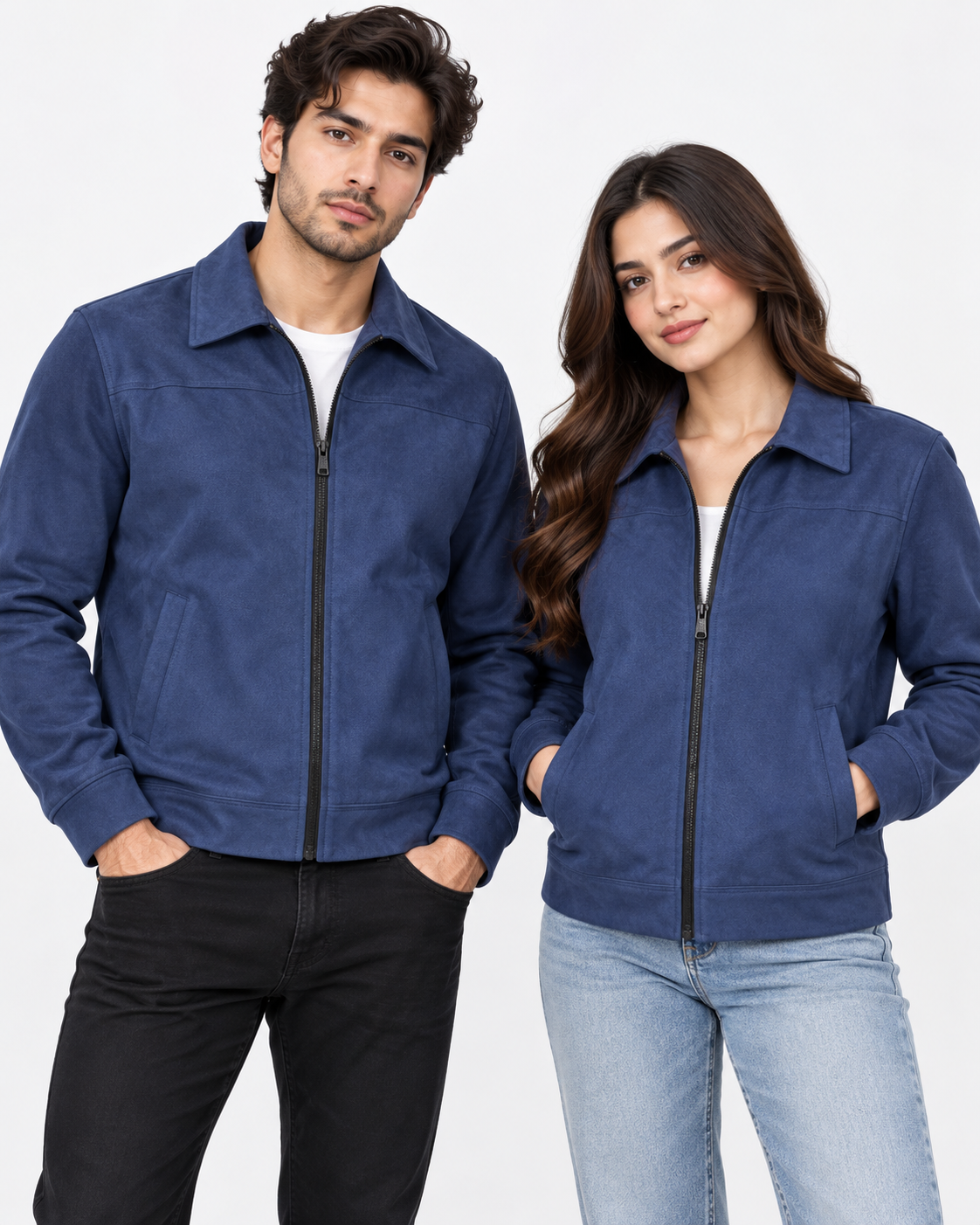 Navy Blue Suede Jacket – Unisex Zip-Up Collared Jacket