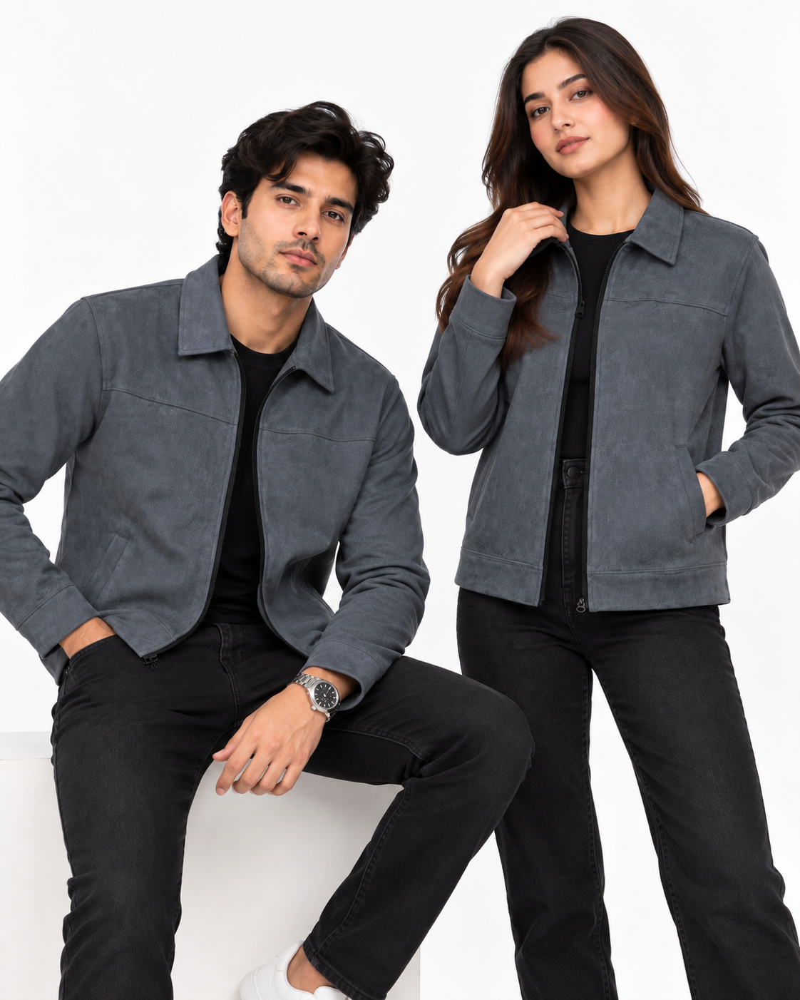 Charcoal Grey Suede Jacket – Unisex Zip-Up Collared Jacket