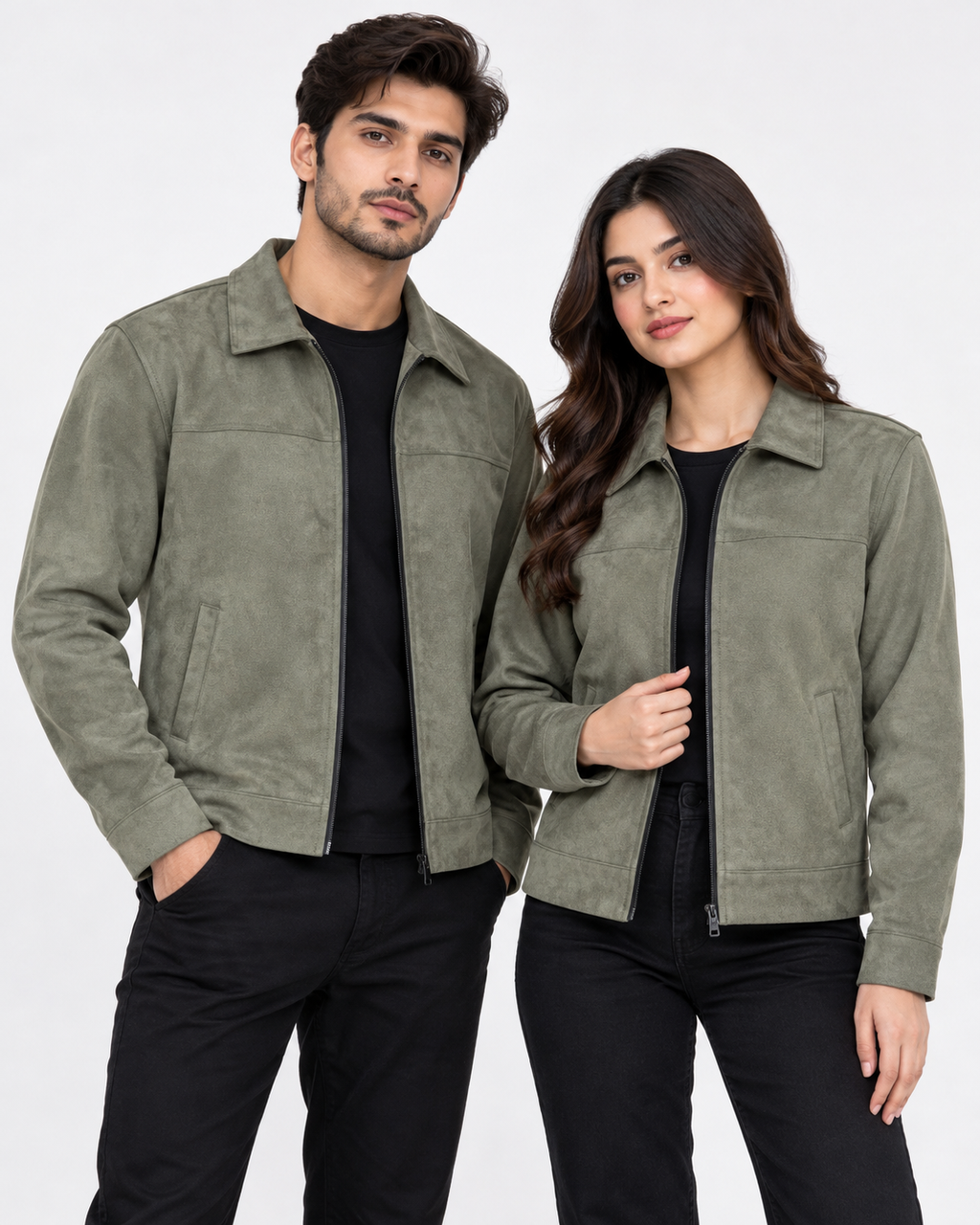 Olive Green Suede Jacket – Unisex Zip-Up Collared Jacket