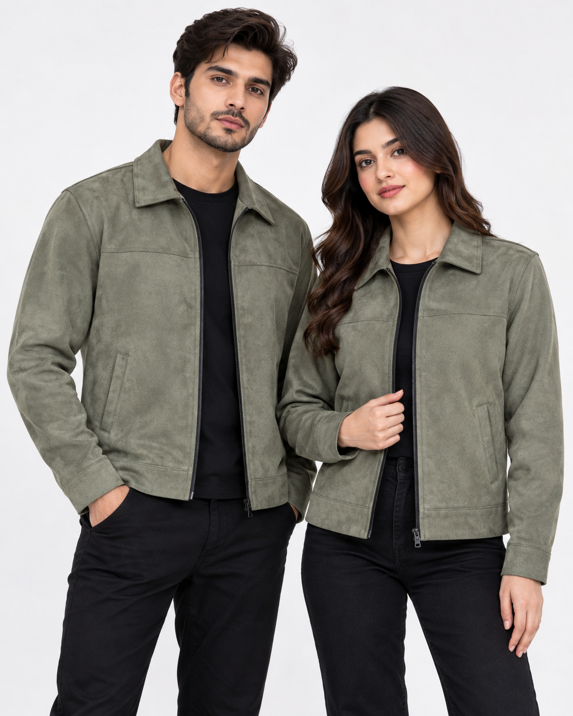 Olive Green Suede Jacket – Unisex Zip-Up Collared Jacket