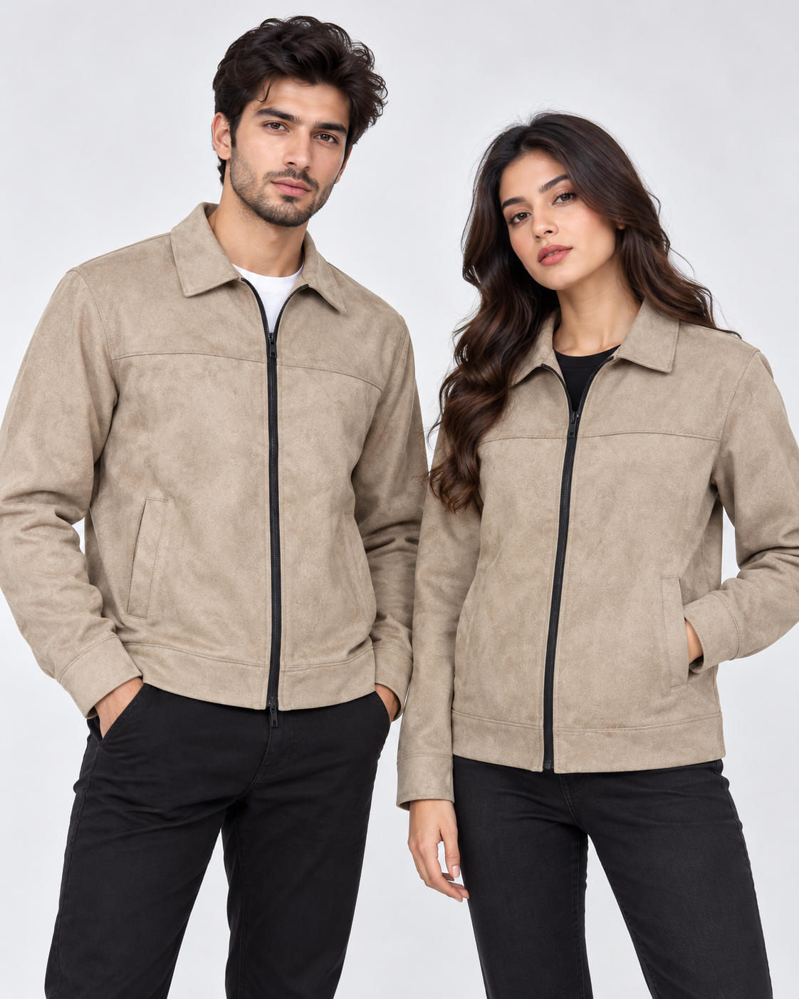 Beige Suede Jacket – Unisex Zip-Up Collared Jacket