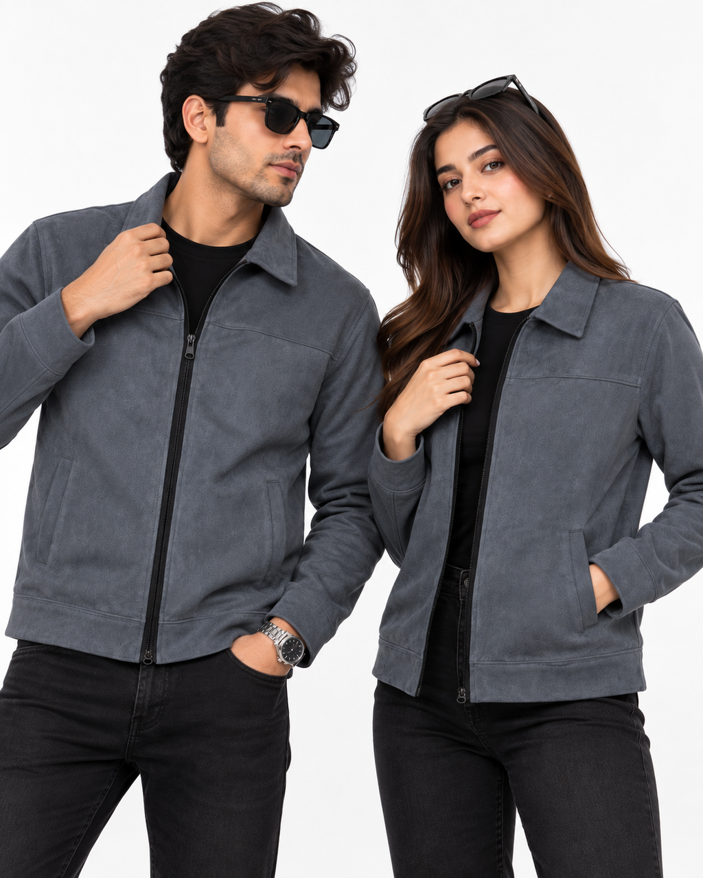 Charcoal Grey Suede Jacket – Unisex Zip-Up Collared Jacket