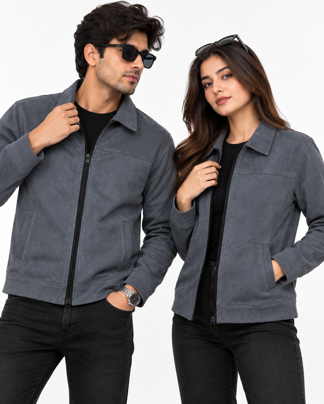 Charcoal Grey Suede Jacket – Unisex Zip-Up Collared Jacket