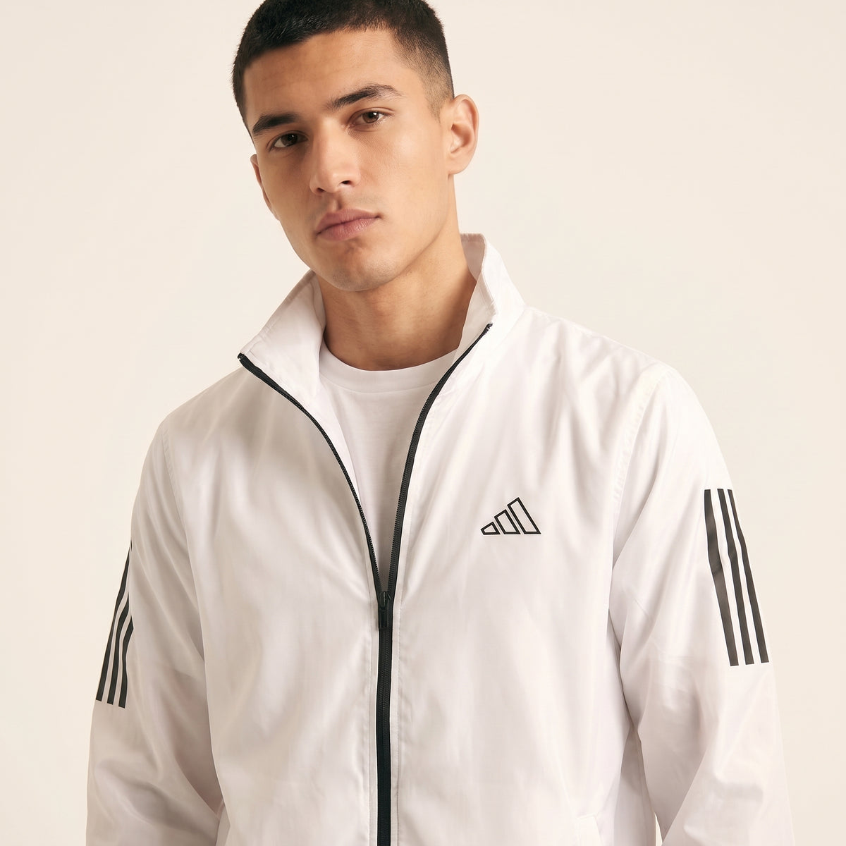 Adi Classic 3-Stripe White Windbreaker Jacket – Lightweight Full-Zip Sports Jacket