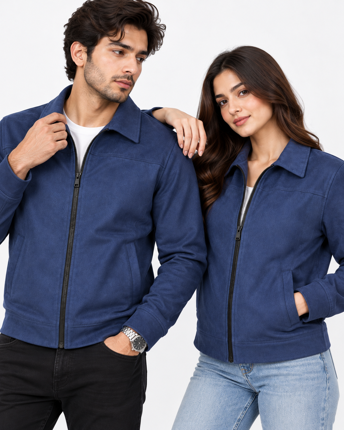 Navy Blue Suede Jacket – Unisex Zip-Up Collared Jacket