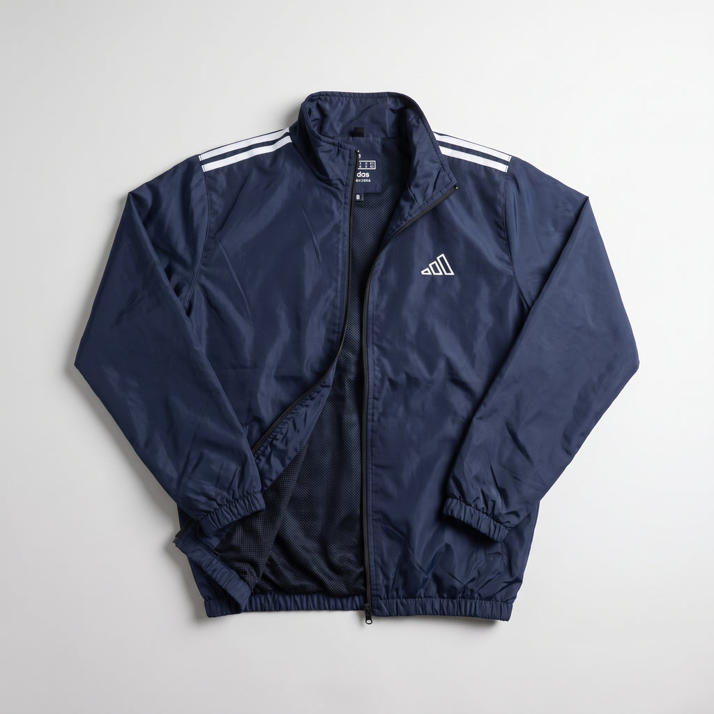 Adi Shoulder 3-Stripe Navy Blue Windbreaker Jacket – Lightweight Full-Zip Sports Jacket