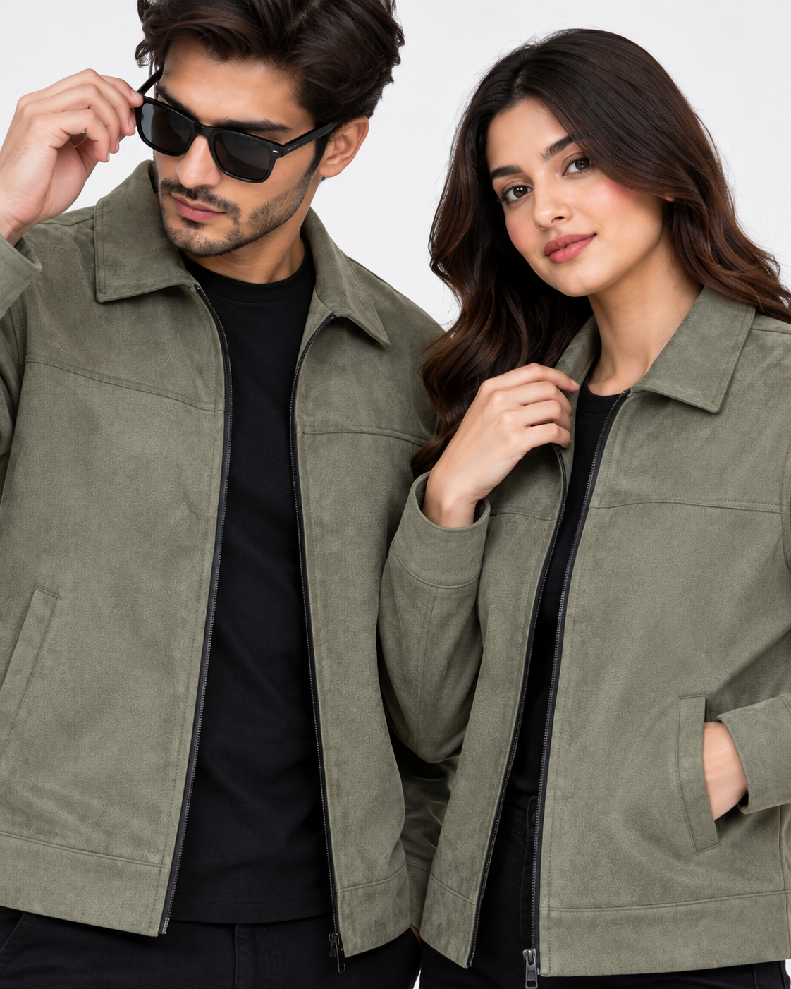 Olive Green Suede Jacket – Unisex Zip-Up Collared Jacket