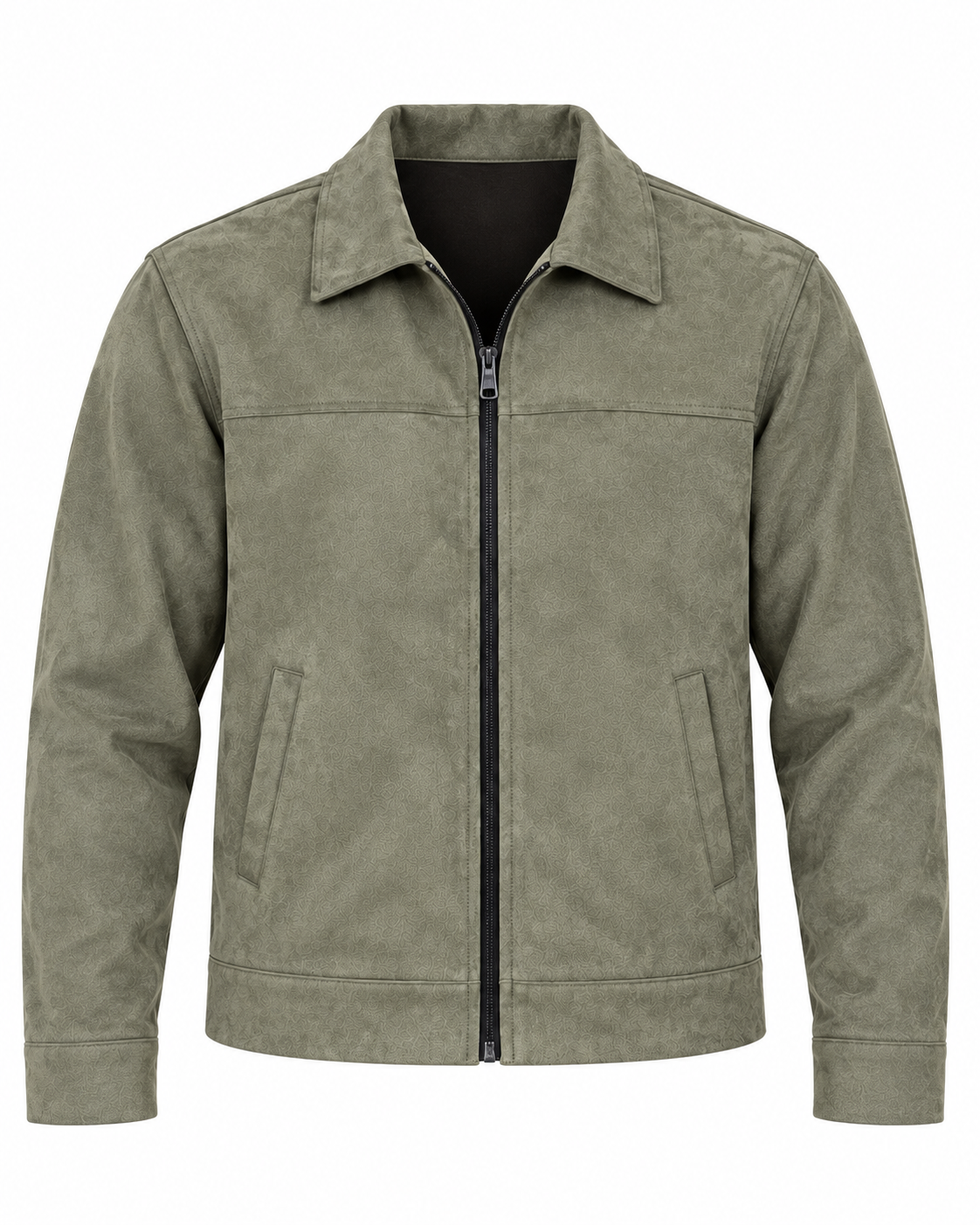 Olive Green Suede Jacket – Unisex Zip-Up Collared Jacket