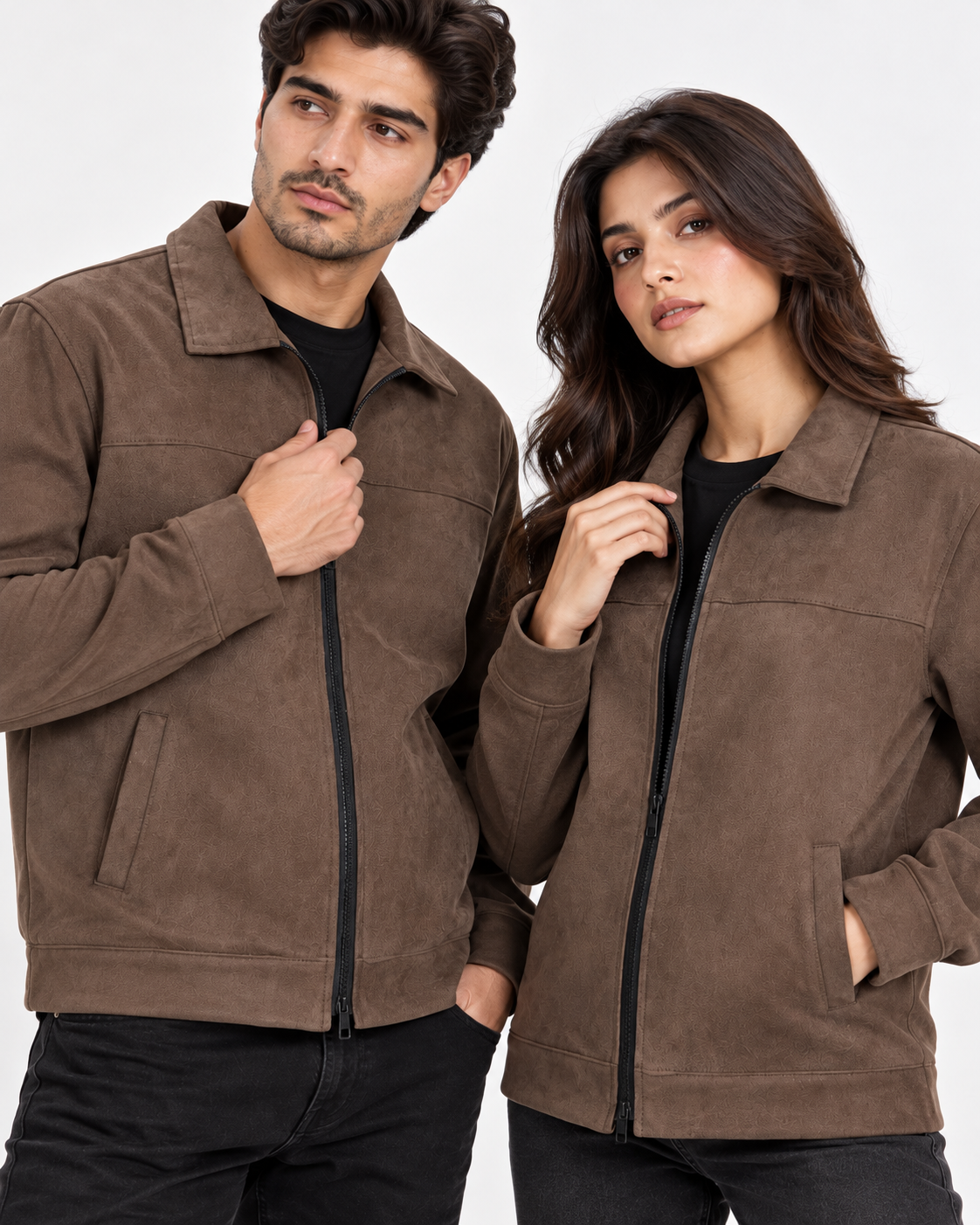 Brown Suede Jacket – Unisex Zip-Up Collared Jacket