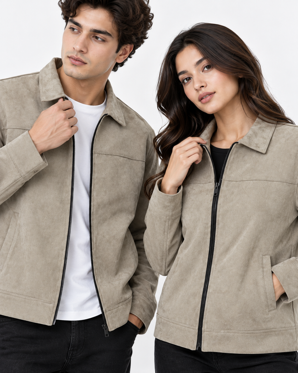 Light skin Suede Jacket – Unisex Zip-Up Collared Jacket