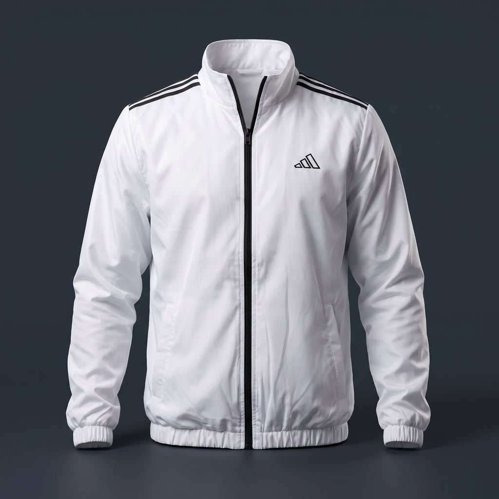 Adi Shoulder 3-Stripe White Windbreaker Jacket – Lightweight Full-Zip Sports Jacket
