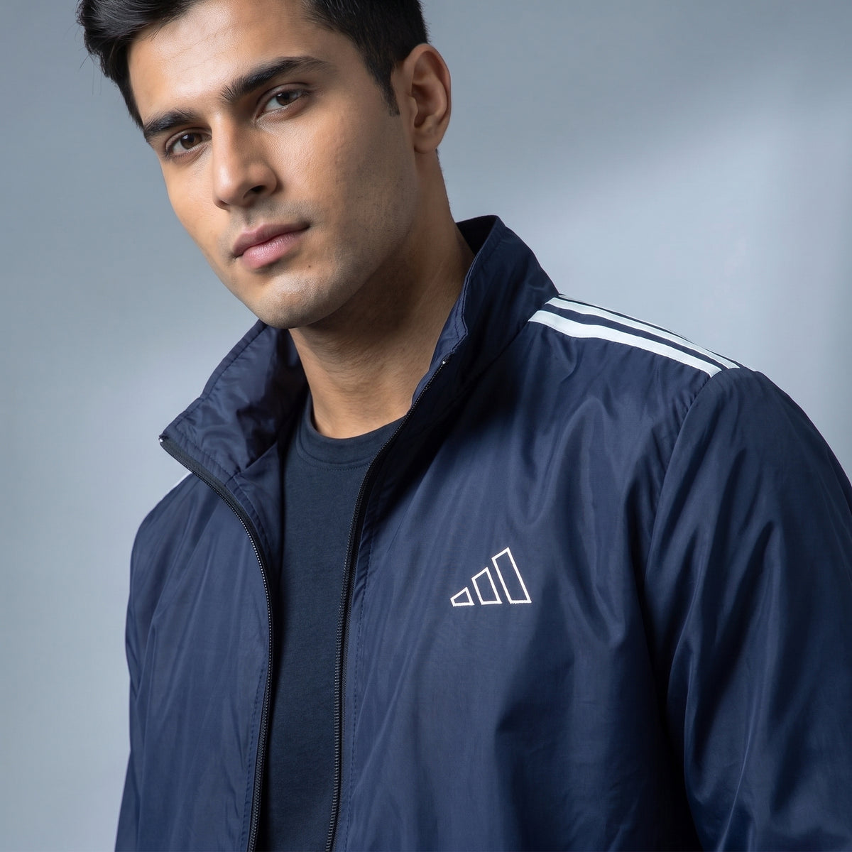 Adi Shoulder 3-Stripe Navy Blue Windbreaker Jacket – Lightweight Full-Zip Sports Jacket
