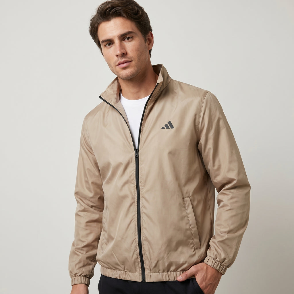 Adi Minimal Back-Stripe Beige Lightweight Windbreaker Jacket – Full-Zip Casual Sports Jacket